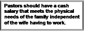 Text Box: Pastors should have a cash salary that meets the physical needs of the family independent of the wife having to work.